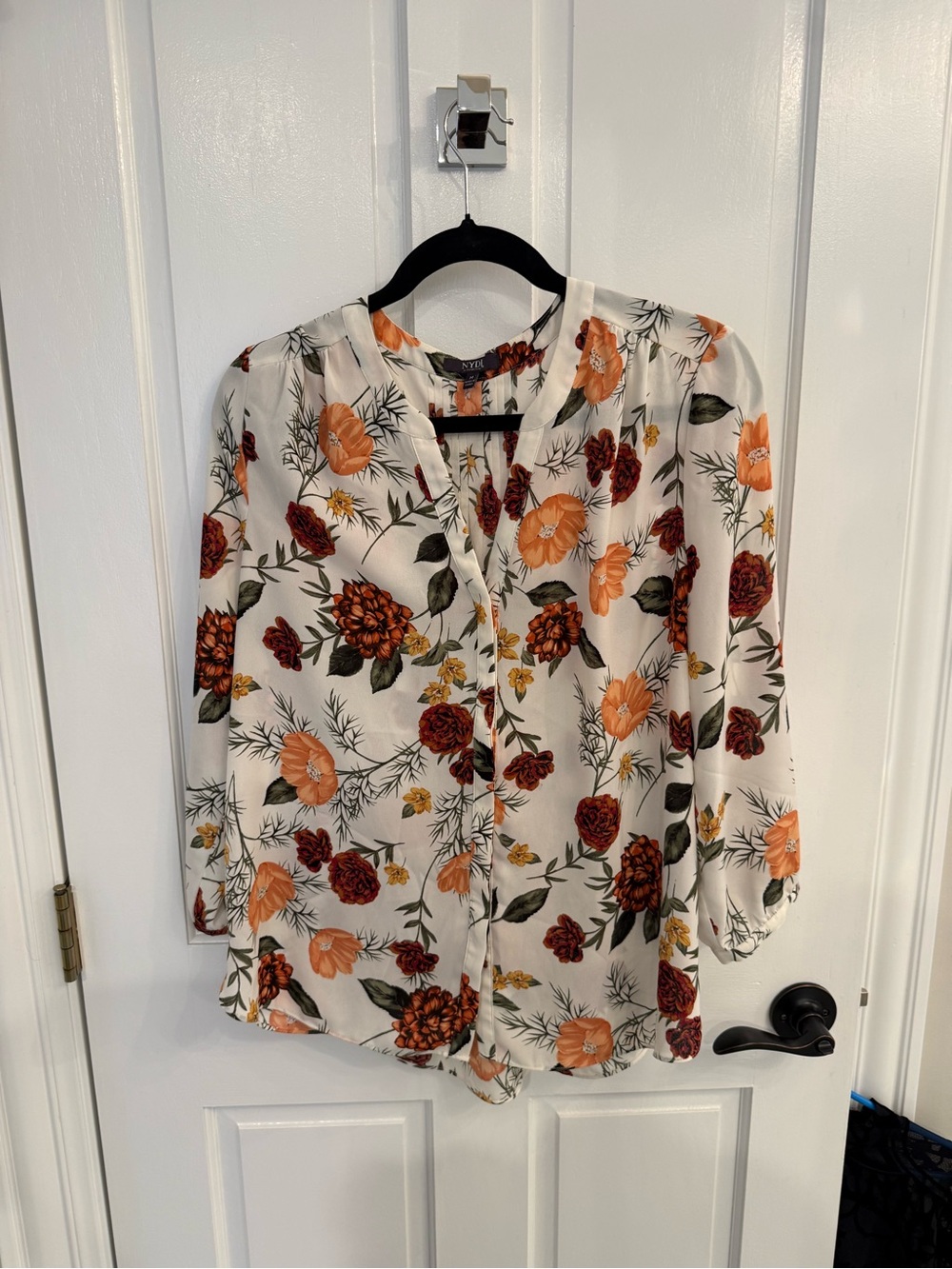 NYDJ Cream Floral Button-Front Blouse with Orange & Maroon Flowers